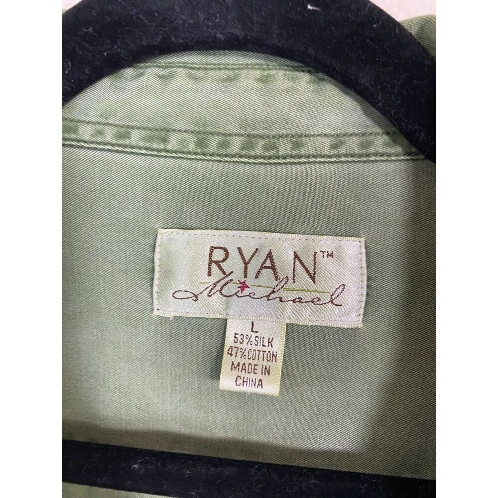 Ryan Michael Men Silk Blend Green Button Up Shirt Size Large Long Sleeve Western - Picture 3 of 16